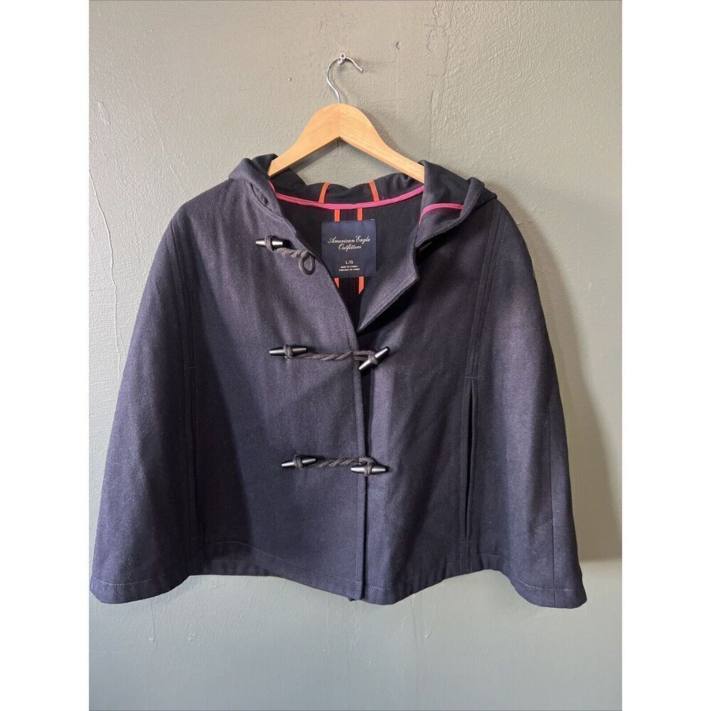 Y2K American Eagle Hooded Poncho Cape Blue Large Wool Blend Overcoat